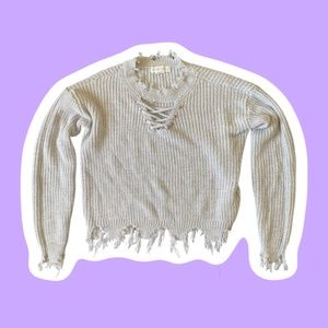 Planet Gold Grey Lace-Up Fringe Sweater